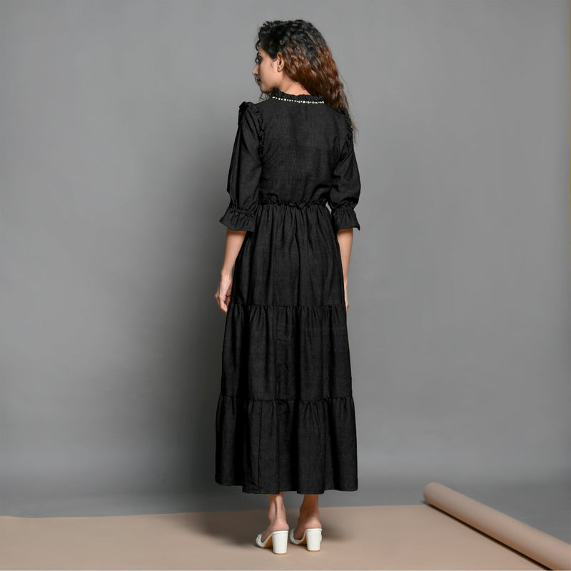 Black Hand-Beaded Cotton Flax Boho Maxi Dress