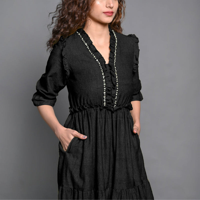 Black Hand-Beaded Cotton Flax Boho Maxi Dress