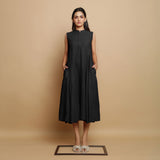 Black Hand-Embroidered Cotton Poplin Sleeveless Midi Dress