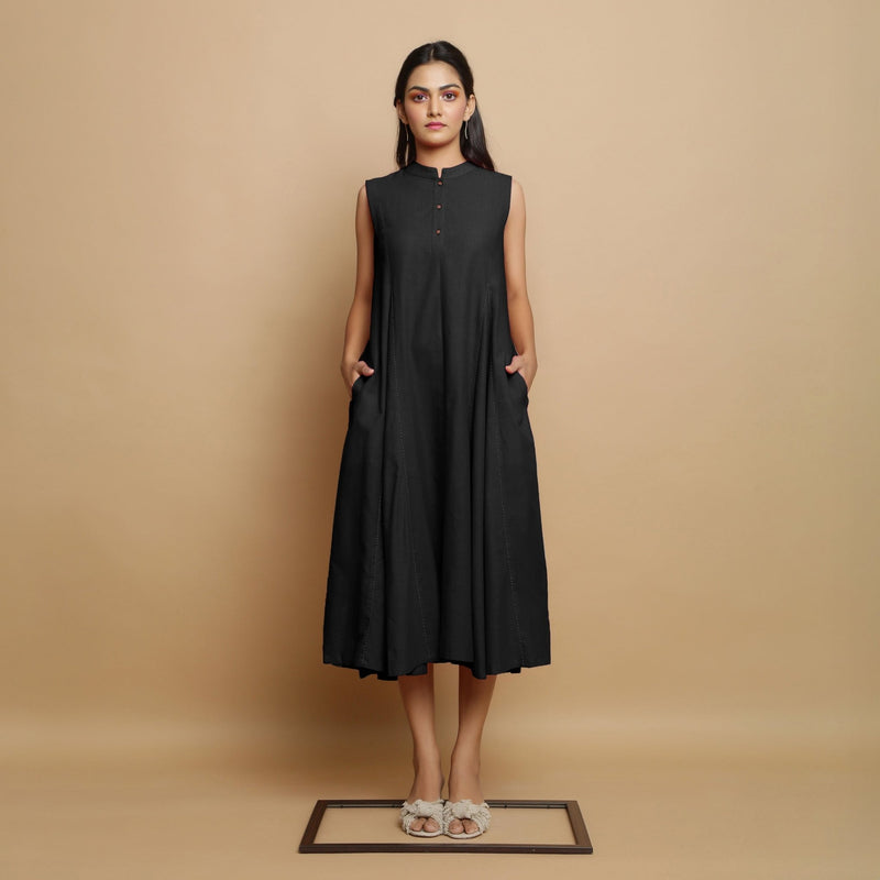 Black Hand-Embroidered Cotton Poplin Sleeveless Midi Dress