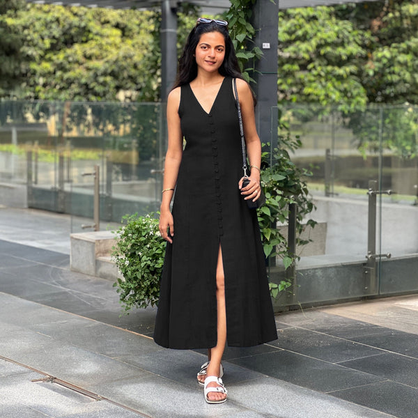 Black Handspun Cotton A-Line Front Slit Maxi Dress 52