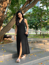 Black Handspun Cotton A-Line Front Slit Maxi Dress