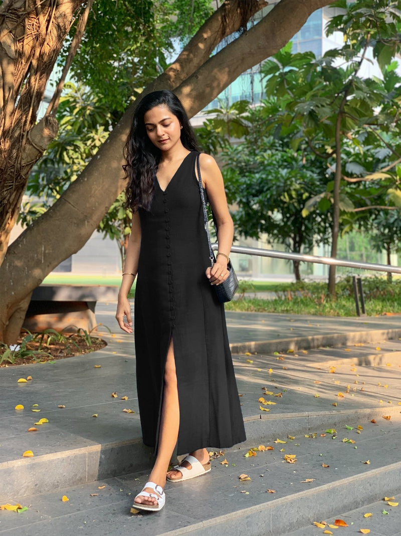 Black Handspun Cotton A-Line Front Slit Maxi Dress