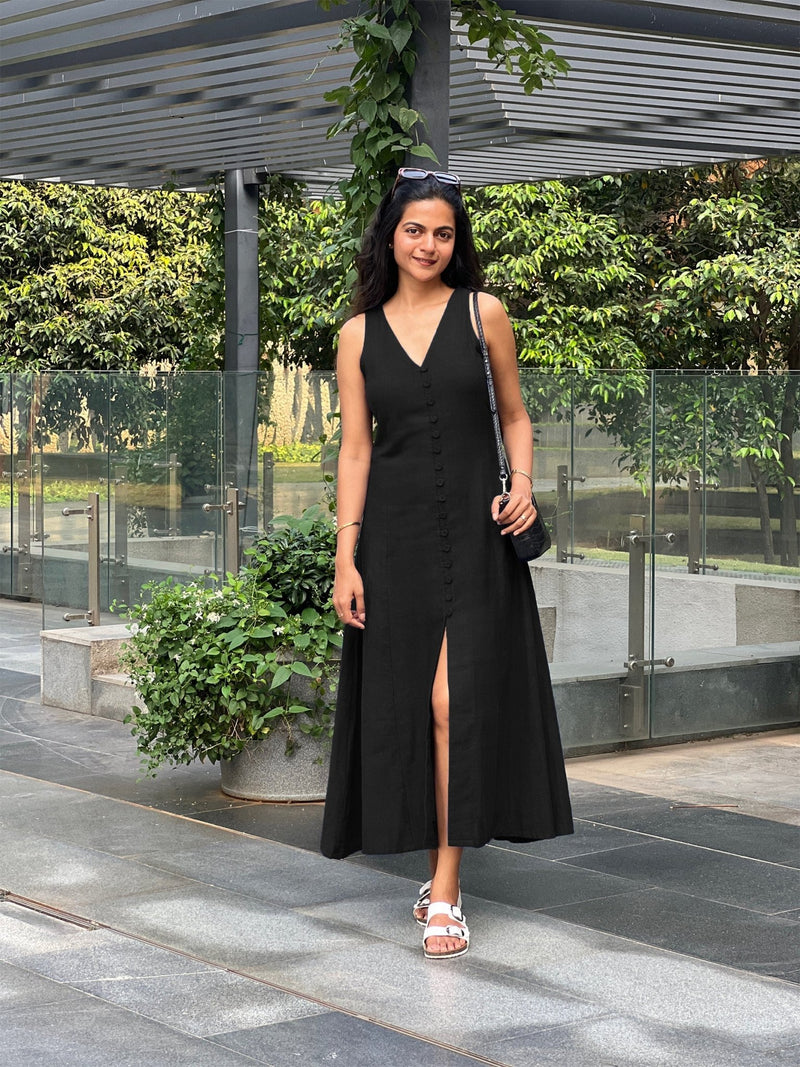 Black Handspun Cotton A-Line Front Slit Maxi Dress