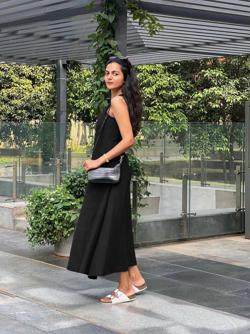 Black Handspun Cotton A-Line Front Slit Maxi Dress