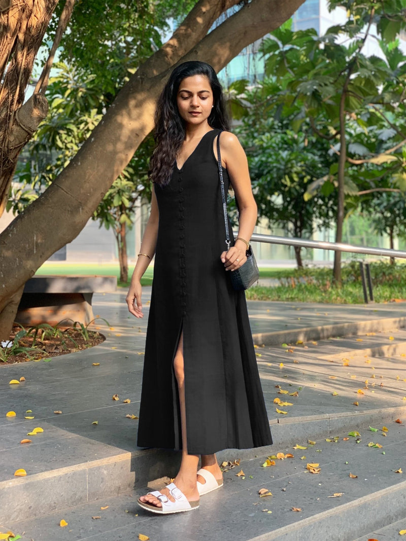 Black Handspun Cotton A-Line Front Slit Maxi Dress