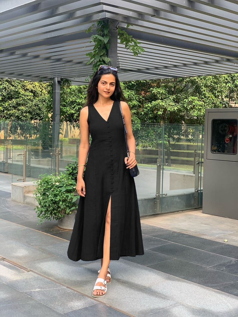 Black Handspun Cotton A-Line Front Slit Maxi Dress
