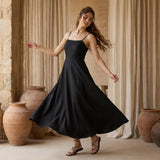 Black Handspun Cotton Ankle Length Flared Sundress