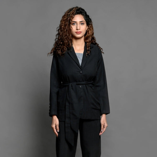 Front View of a Model wearing Black Handspun Cotton Belted Blazer