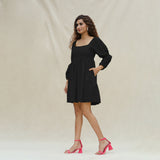 Black Handspun Cotton Bohemian Gathered Short Dress