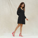 Black Handspun Cotton Bohemian Gathered Short Dress