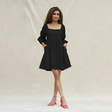 Black Handspun Cotton Bohemian Gathered Short Dress