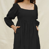 Black Handspun Cotton Bohemian Gathered Short Dress