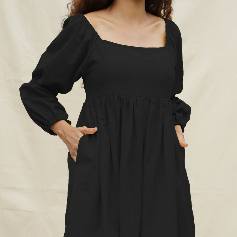 Black Handspun Cotton Bohemian Gathered Short Dress