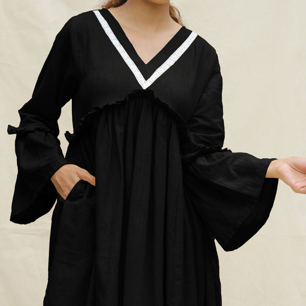 Black Handspun Cotton Bohemian Midi Dress