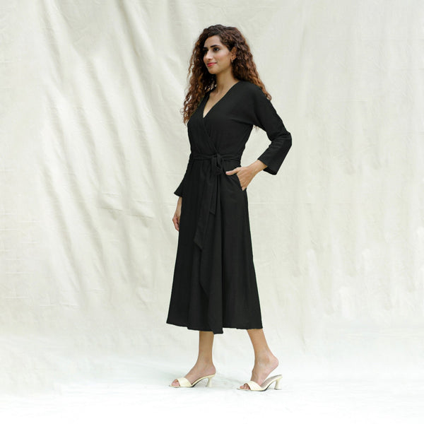 Black Handspun Cotton Drop Shoulder Midi Wrap Dress
