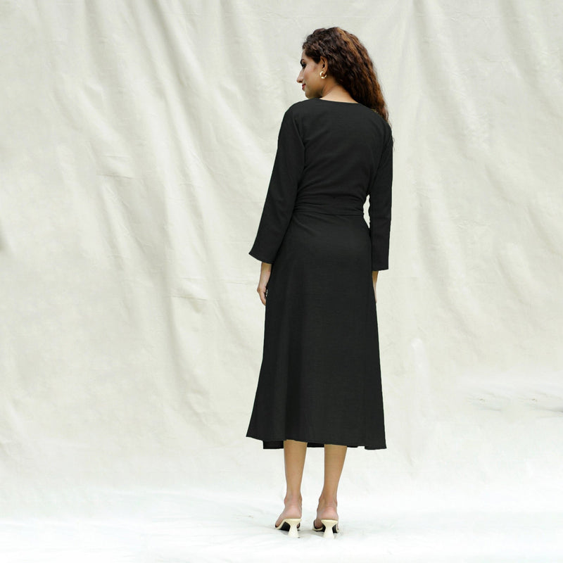 Black Handspun Cotton Drop Shoulder Midi Wrap Dress