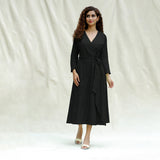 Black Handspun Cotton Drop Shoulder Midi Wrap Dress