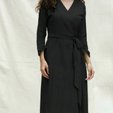 Black Handspun Cotton Drop Shoulder Midi Wrap Dress