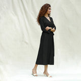 Black Handspun Cotton Drop Shoulder Midi Wrap Dress
