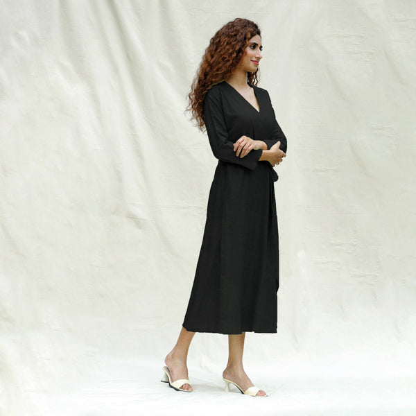 Black Handspun Cotton Drop Shoulder Midi Wrap Dress