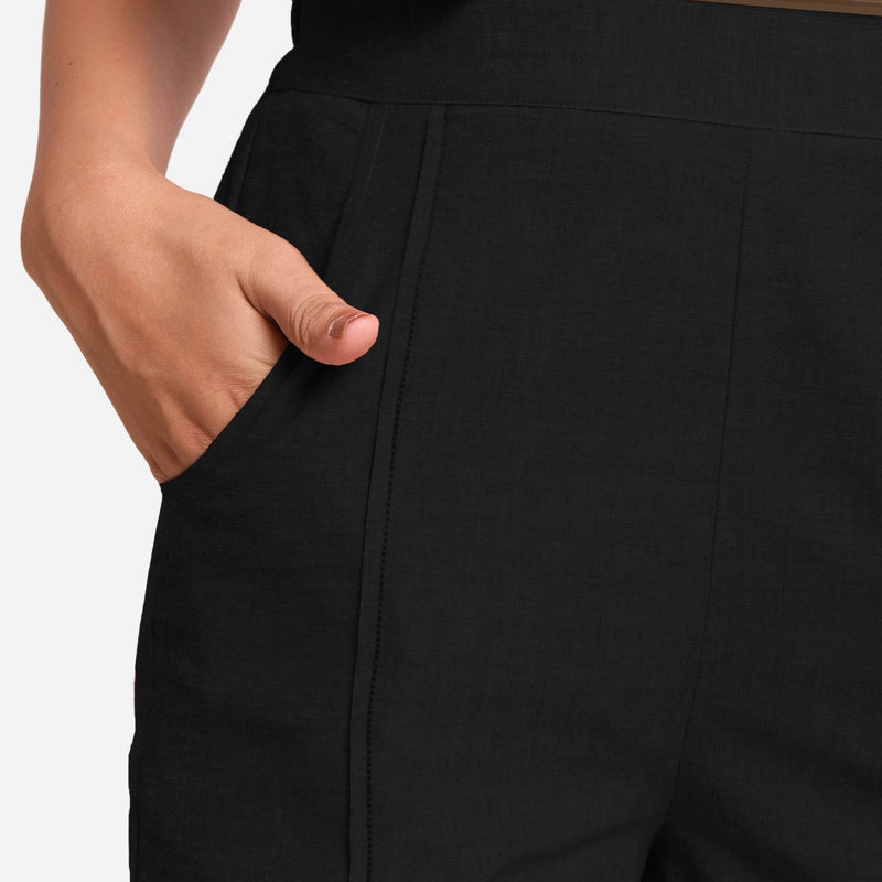 Black Handspun Cotton Elasticated Casual Shorts