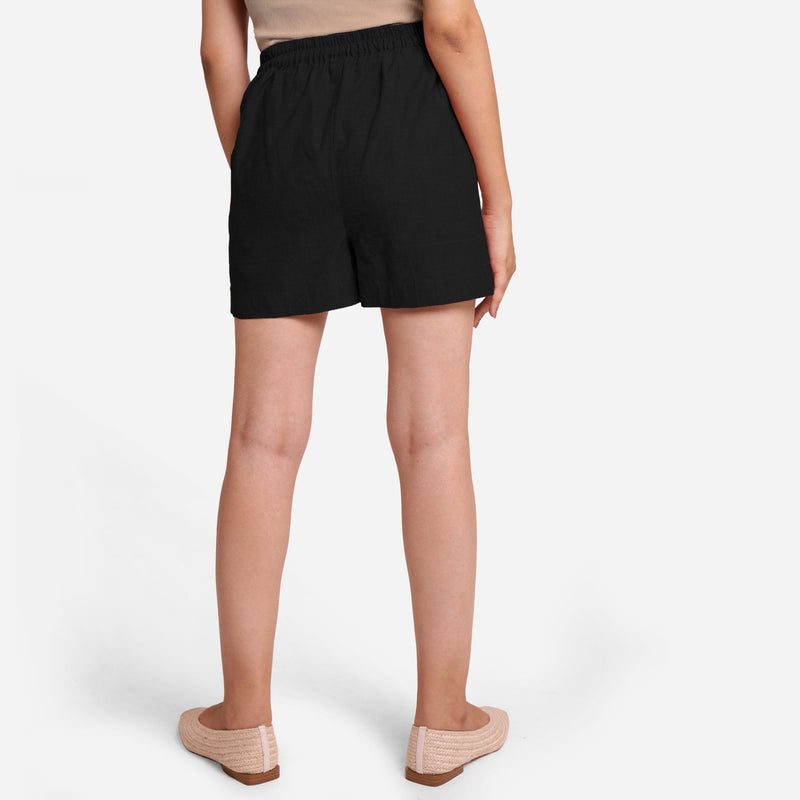 Black Handspun Cotton Elasticated Casual Shorts