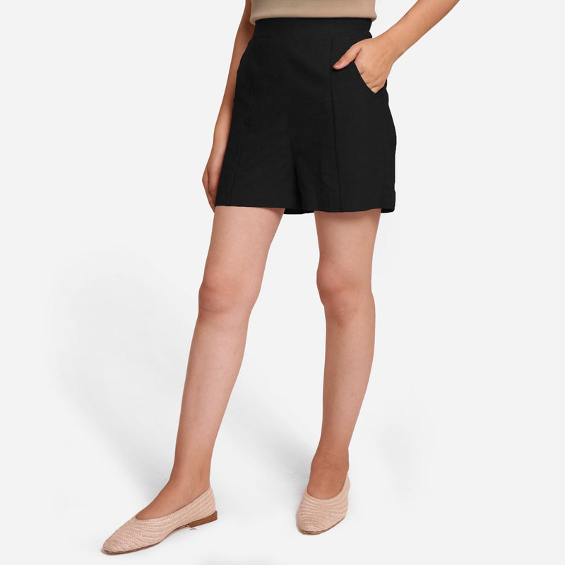 Black Handspun Cotton Elasticated Casual Shorts