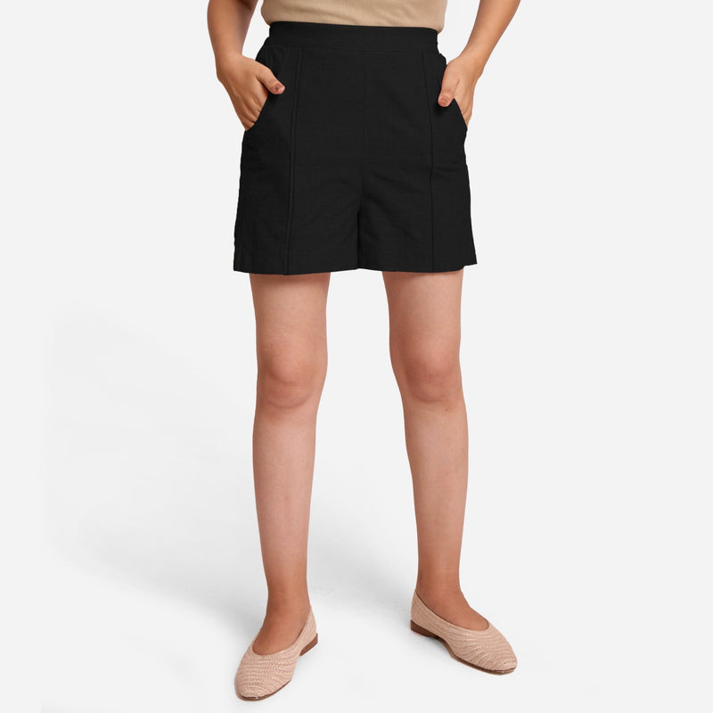 Black Handspun Cotton Elasticated Casual Shorts