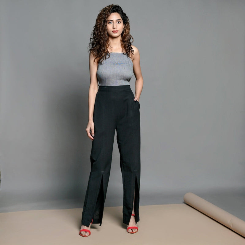 Black Handspun Cotton Elasticated High-Rise Slit Pant