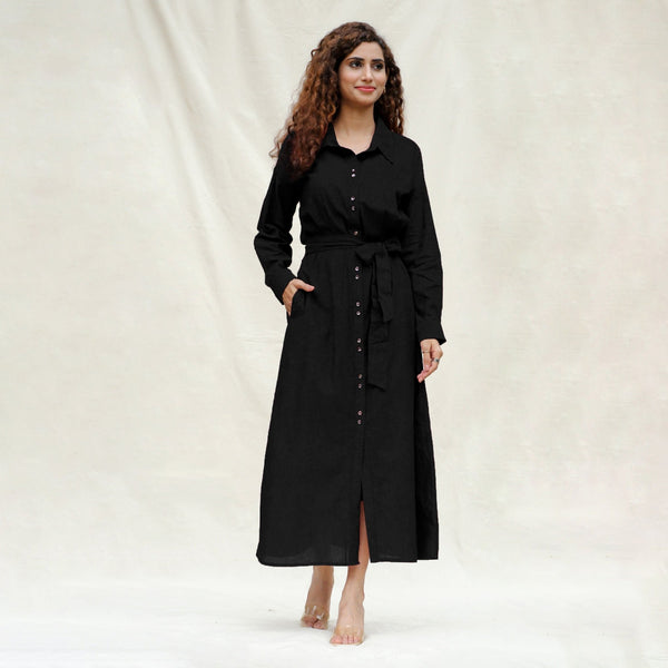 Black Handspun Cotton Pleated Button-Down Maxi Dress