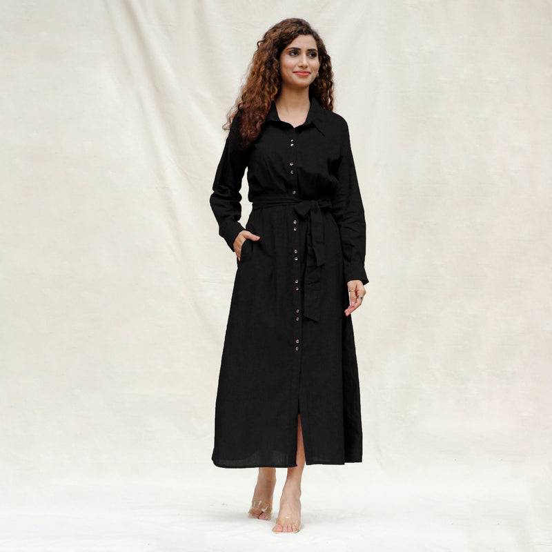 Black Handspun Cotton Pleated Button-Down Maxi Dress 26" / Tall (5'7" and above) Black Handspun Cotton Pleated Button-Down Maxi Dress 26" / Tall (5'7" and above)