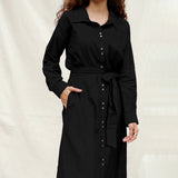 Black Handspun Cotton Pleated Button-Down Maxi Dress