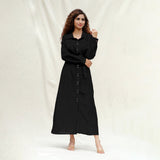 Black Handspun Cotton Pleated Button-Down Maxi Dress