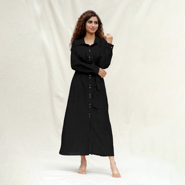 Black Handspun Cotton Pleated Button-Down Maxi Dress