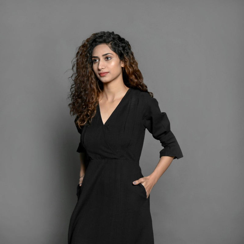 Black Handspun Cotton Surplice Neck Pleated Midi Dress 68" / Regular (5'2" - 5'6") Black Handspun Cotton Surplice Neck Pleated Midi Dress 68" / Regular (5'2" - 5'6")