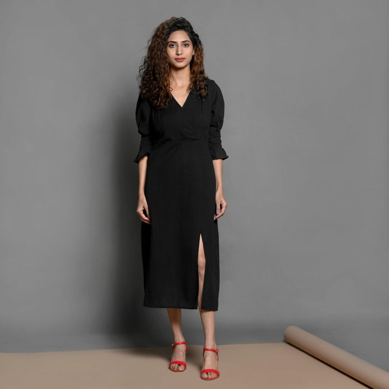 Black Handspun Cotton Surplice Neck Pleated Midi Dress 44" / Tall (5'7" and above) Black Handspun Cotton Surplice Neck Pleated Midi Dress 44" / Tall (5'7" and above)