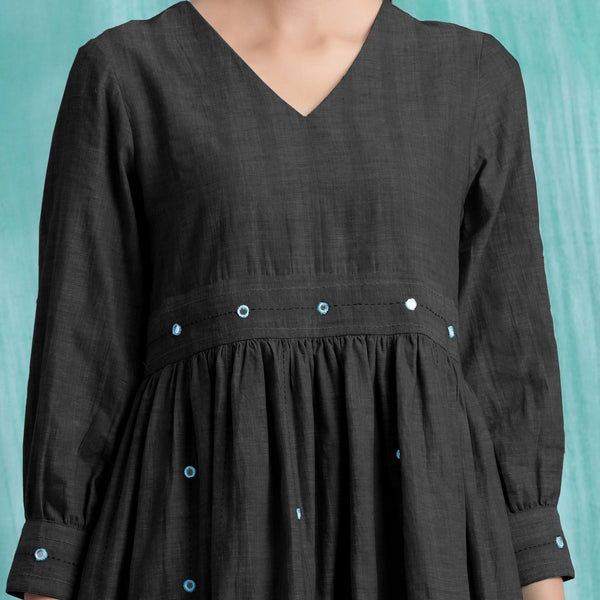 Black Handspun Cotton V-Neck Gathered Short Dress