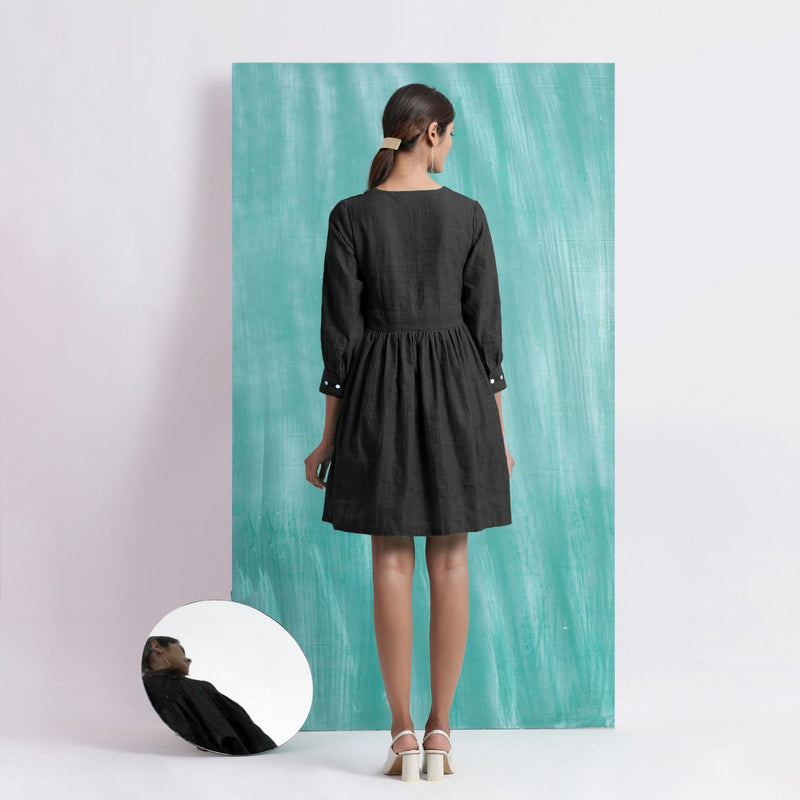 Black Handspun Cotton V-Neck Gathered Short Dress