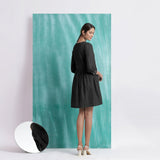 Black Handspun Cotton V-Neck Gathered Short Dress