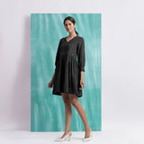 Black Handspun Cotton V-Neck Gathered Short Dress