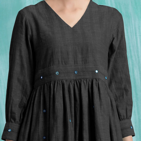 Black Handspun Cotton V-Neck Gathered Short Dress