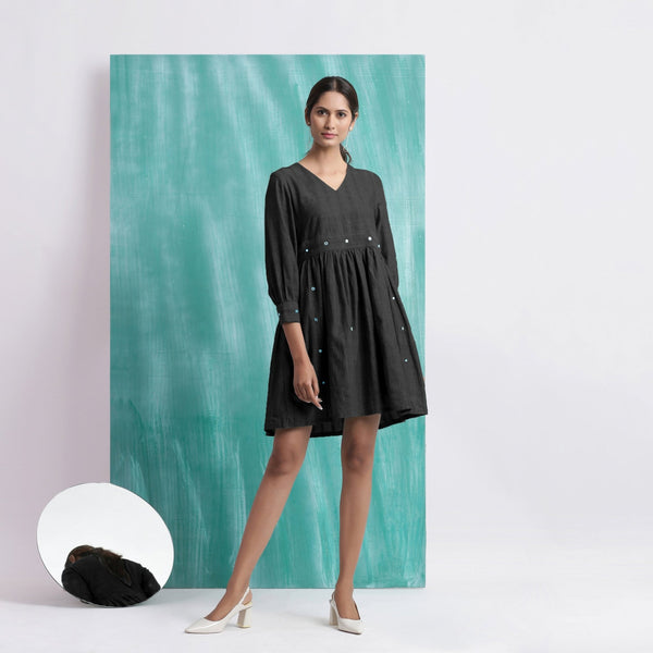 Black Handspun Cotton V-Neck Gathered Short Dress