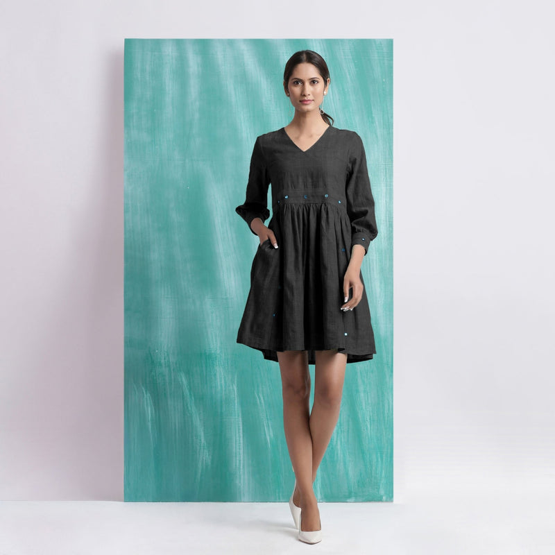 Black Handspun Cotton V-Neck Gathered Short Dress