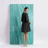 Black Handspun Cotton V-Neck Gathered Short Dress