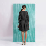 Black Handspun Cotton V-Neck Gathered Short Dress
