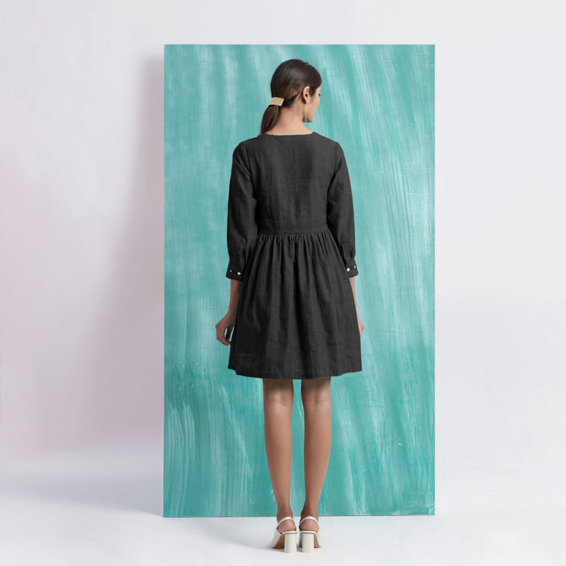 Black Handspun Cotton V-Neck Gathered Short Dress