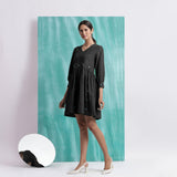 Black Handspun Cotton V-Neck Gathered Short Dress
