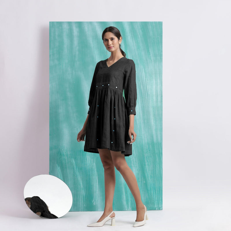 Black Handspun Cotton V-Neck Gathered Short Dress