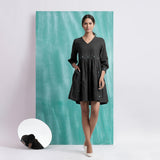 Black Handspun Cotton V-Neck Gathered Short Dress